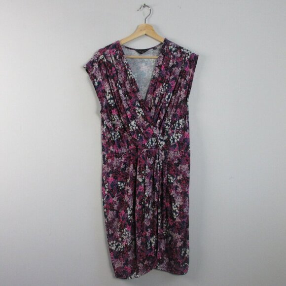 Ted Baker Jersey Faux Wrap Dress 5 Blue Pink Floral Viscose Pleated Preppy 370 - Picture 1 of 12